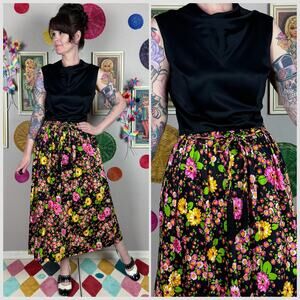 Vintage 1970s Black Floral Sleeveless Cowl Neck Midi Dress